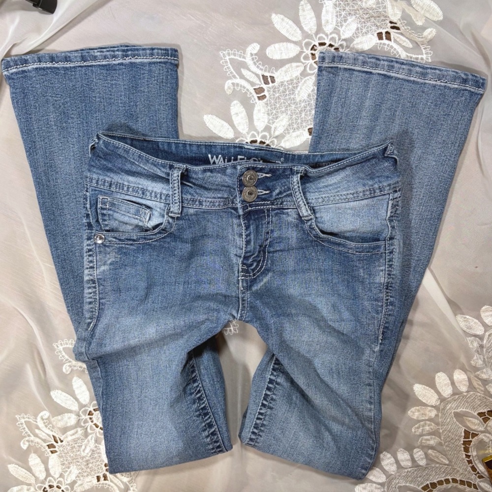 Y2K Mcbling Trashy Curvy Fit Bootcut Jeans Rhinestone Flap Pocket Blue Size 3